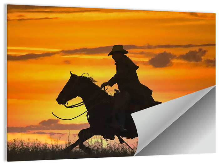 Cowboy and Horse at Sunset Wall Art as a poster print