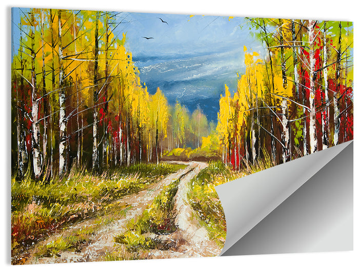Autumn Birch Path with Two Birds Wall Art as a poster print