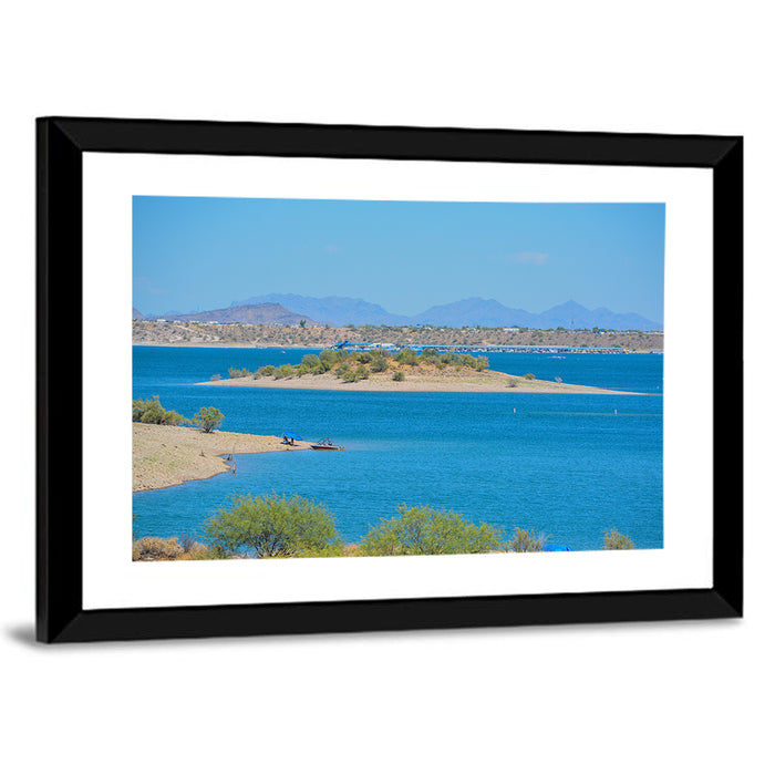 Lake Pleasant Shoreline with Boat Wall Art as a framed print