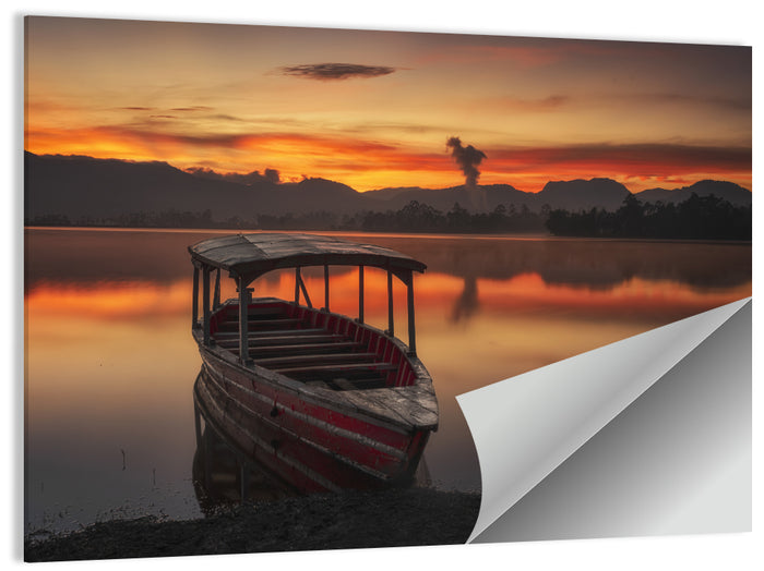 Sunset Fishing Boat on Calm Lake Wall Art as a poster print
