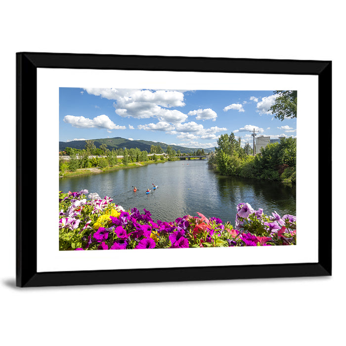 Sand Creek River with Petunias Wall Art as a framed print