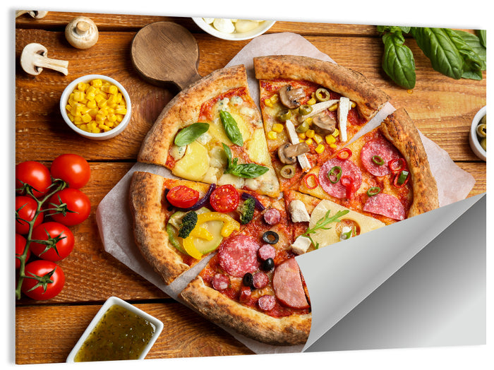 Sliced Pizza on Wooden Board Wall Art as a poster print