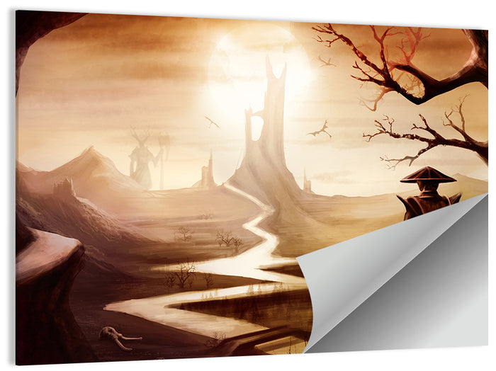 Silhouetted Samurai at Distant Tower Wall Art as a poster print
