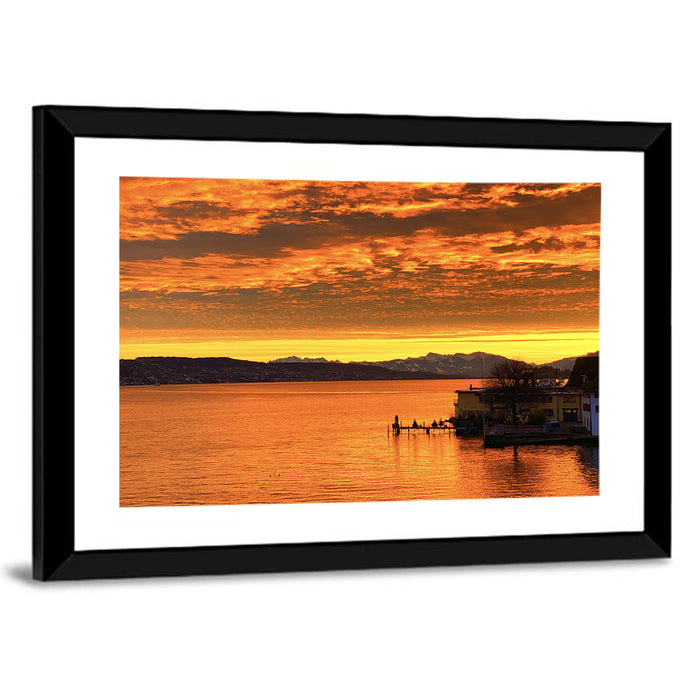 Lake Zurich Golden Sunset Wall Art as a framed print