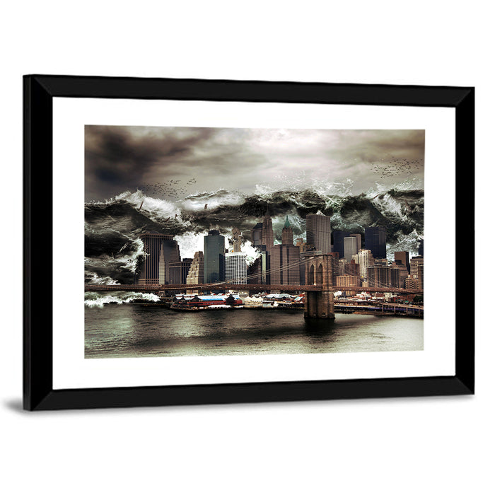 Tsunami Over Manhattan Skyline, Brooklyn Bridge Wall Art as a framed print