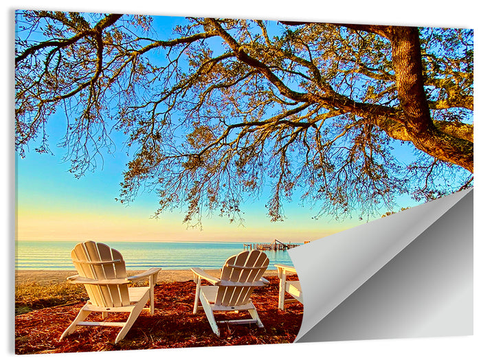 Mobile Bay Adirondack Chairs at Sunrise Wall Art as a poster print