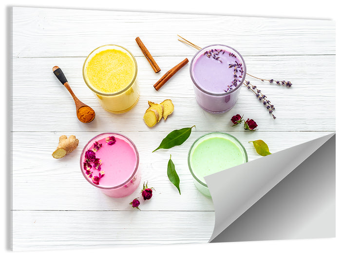 Four Lattes with Botanicals Wall Art as a poster print