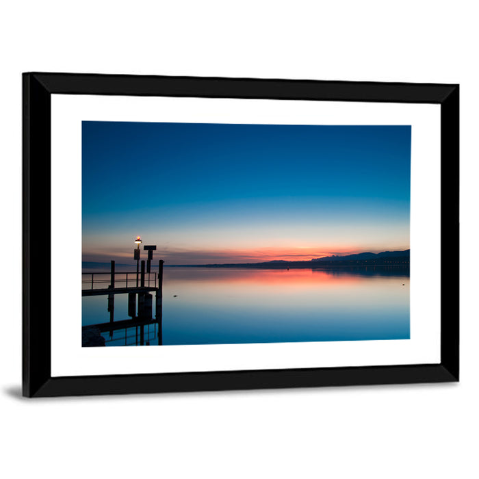 Lake Geneva Sunrise Pier Wall Art as a framed print