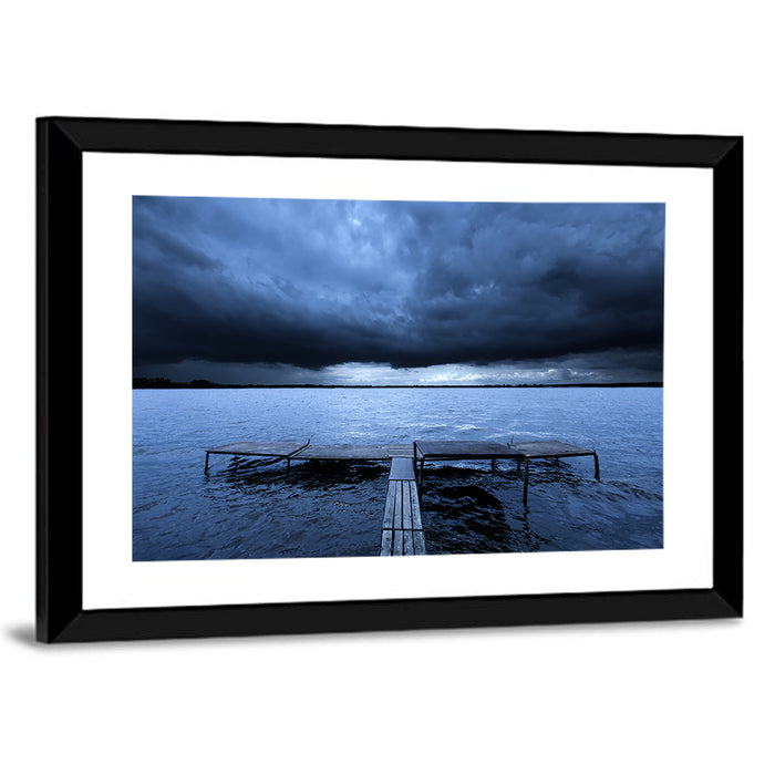 Stormy Lake Pier Wall Art as a framed print