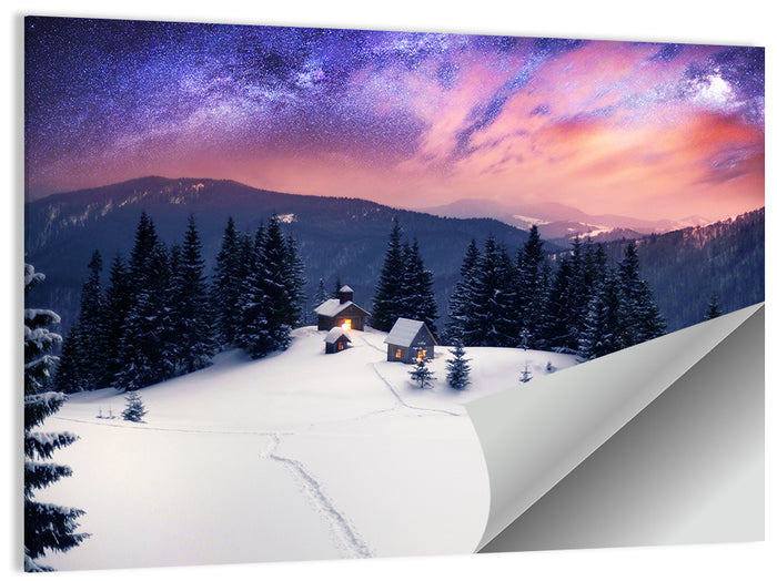Starry Winter Cabins Under the Milky Way Wall Art as a poster print