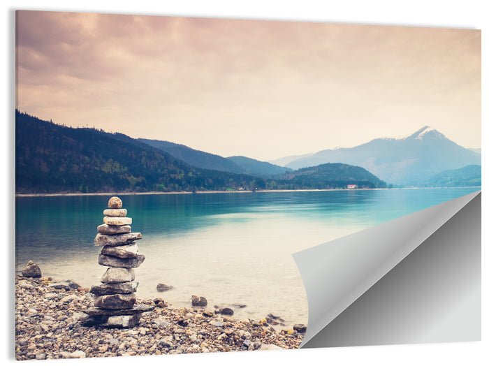 Stone Cairn by a Mountain Lake Wall Art as a poster print
