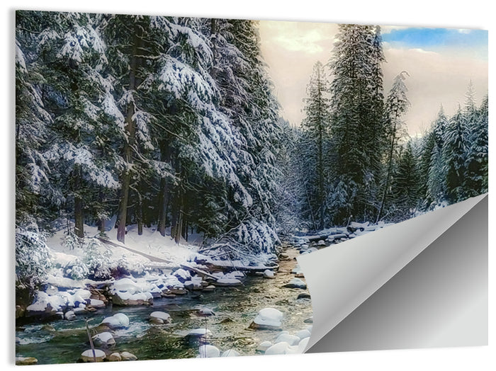 Winter Creek in Snowy Pines Wall Art as a poster print