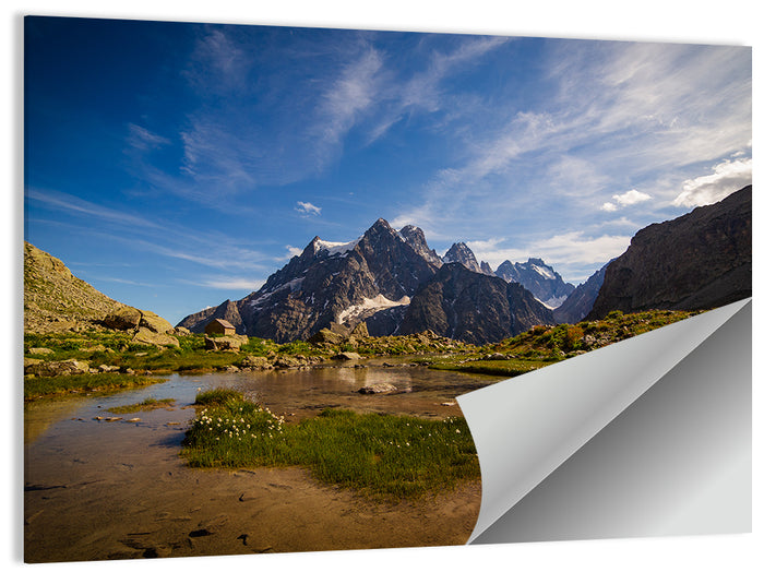 La Meije Alpine Lake and Stone Hut Wall Art as a poster print