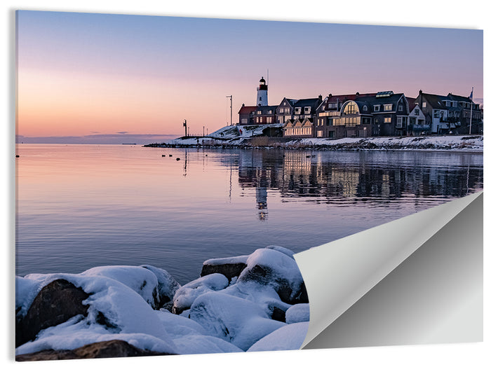 Urk Lighthouse Winter Twilight Harbor Wall Art as a poster print