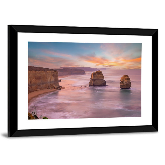 Twelve Apostles Sunset Sea Stacks Wall Art as a framed print