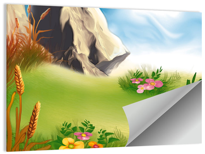 Sunny Mountain Meadow Illustration Wall Art as a poster print
