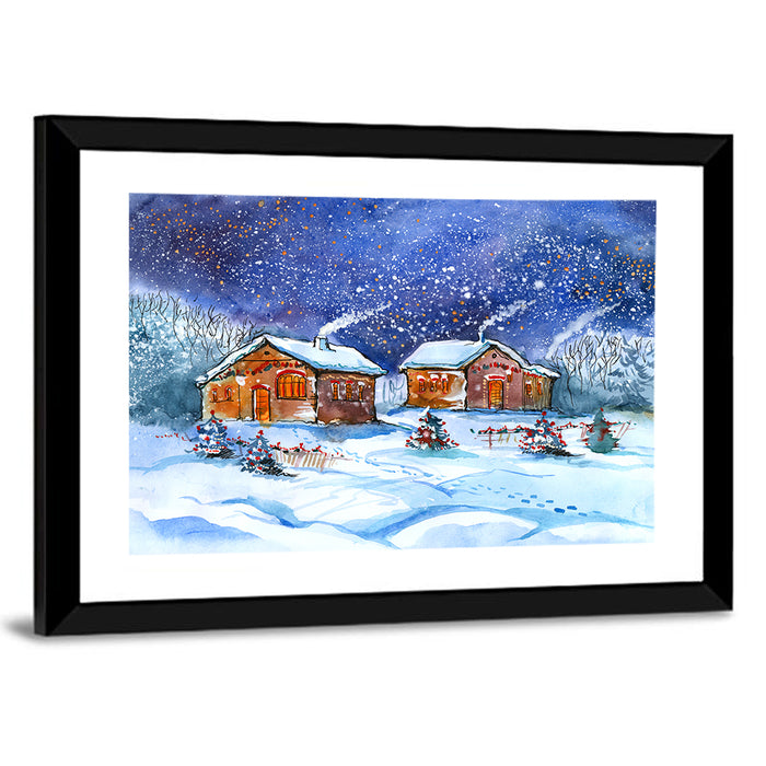 Starry Winter Village Wall Art as a framed print