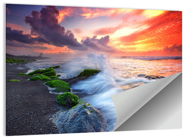 Ocean Waves Under Burning Sky Wall Art as a poster print