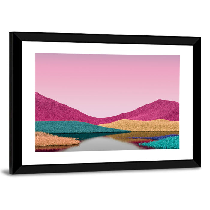Surreal Magenta Mountain Lake Wall Art as a framed print