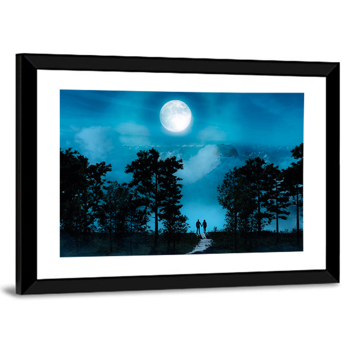 Couple Under Full Moon Wall Art as a framed print