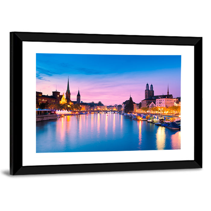 Zurich Blue Hour Over the Limmat Wall Art as a framed print