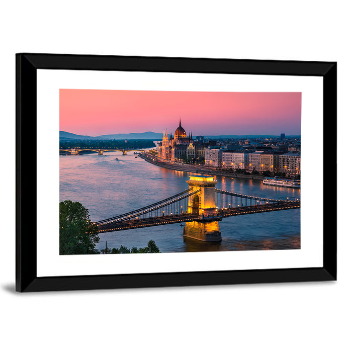 Budapest Chain Bridge at Twilight Wall Art as a framed print