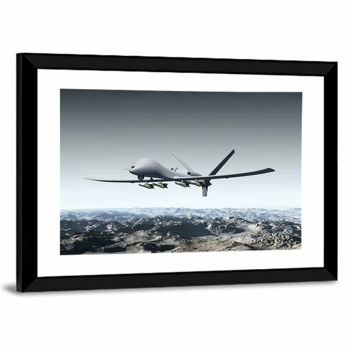 Armed Combat Drone Over Mountains Wall Art as a framed print