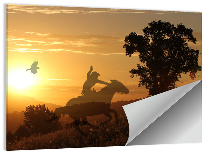 Cowboy Silhouette at Golden Sunset Wall Art as a poster print