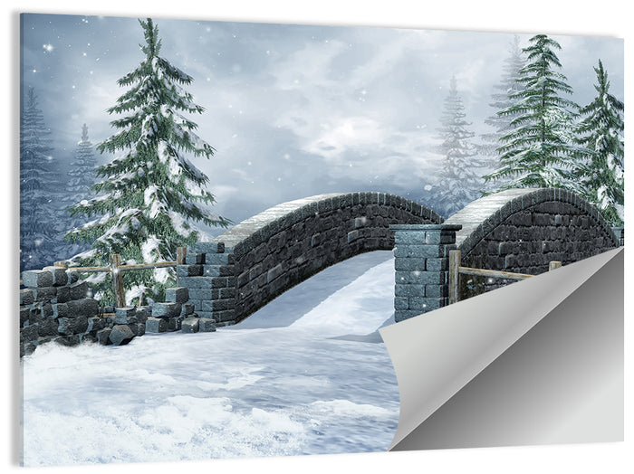 Snowy Stone Bridge in Winter Forest Wall Art as a poster print