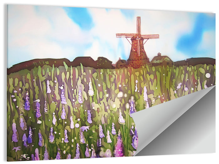 Ink Wash Windmill in Blooming Field Wall Art as a poster print