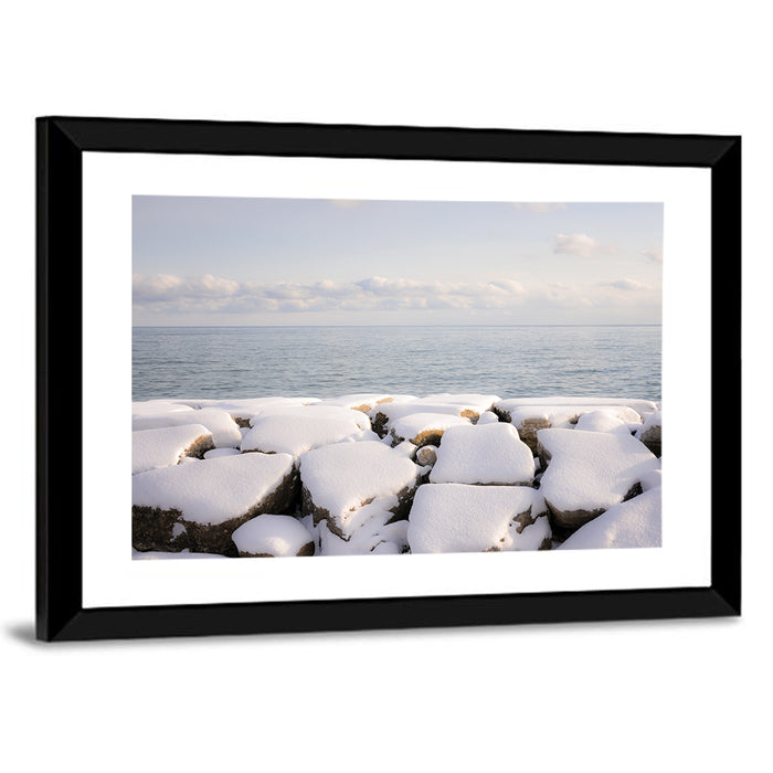 Lake Ontario Snowy Rocks Wall Art as a framed print