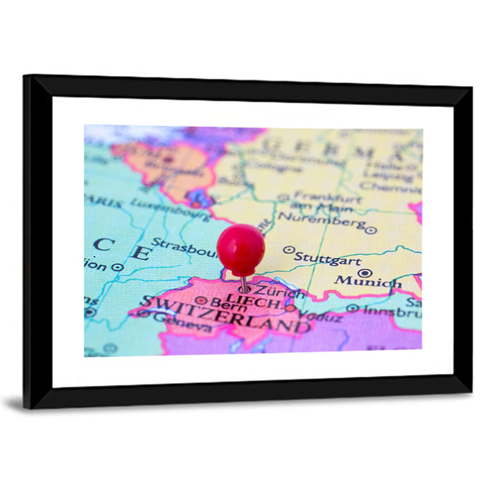 Zurich Map with Red Pin Wall Art as a framed print
