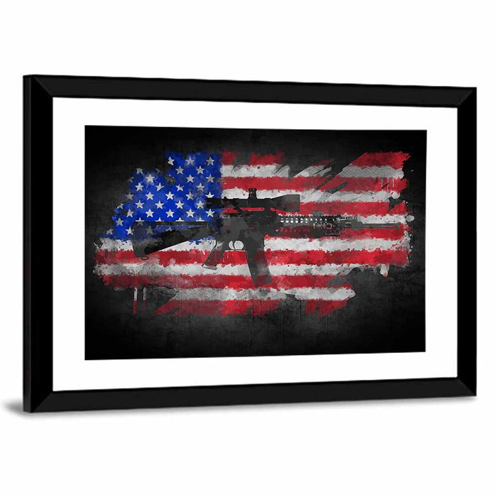 M16 Over Distressed American Flag Wall Art as a framed print