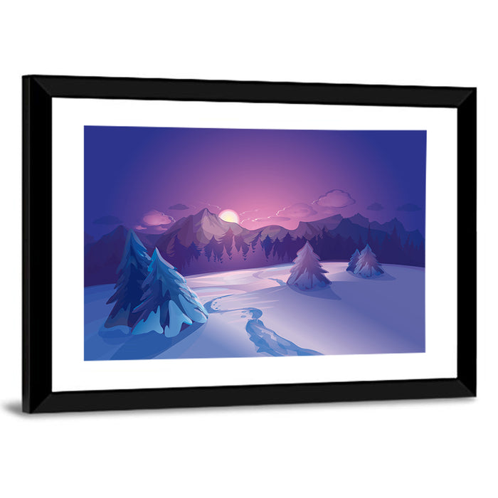 Lavender Winter Mountain Illustration Wall Art as a framed print