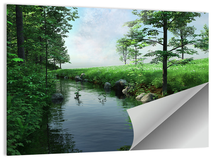 Tranquil Meadow Stream with Wildflowers Wall Art as a poster print