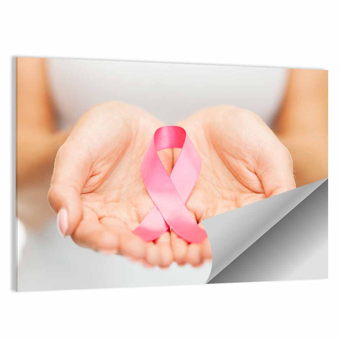 Cupped Hands Holding Pink Ribbon Wall Art as a poster print