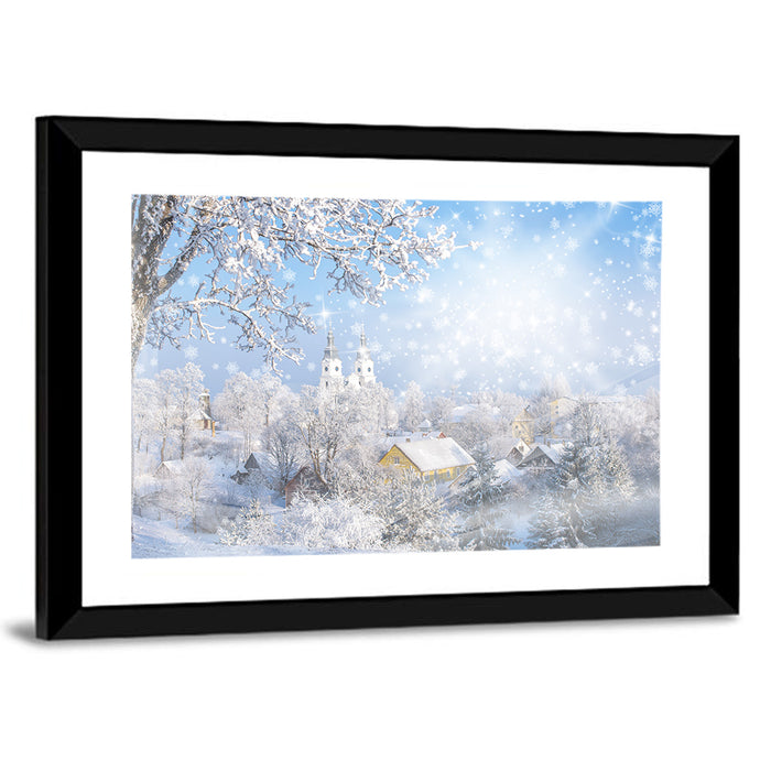 Frosted Village Wall Art as a framed print