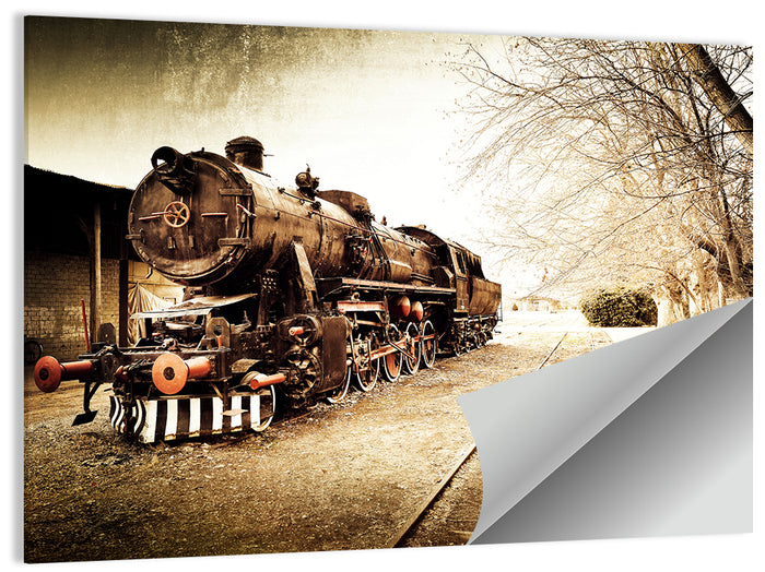 Sepia Steam Locomotive on Rusted Tracks Wall Art as a poster print