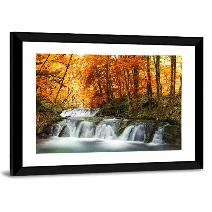 Autumn Forest Waterfall Wall Art as a framed print