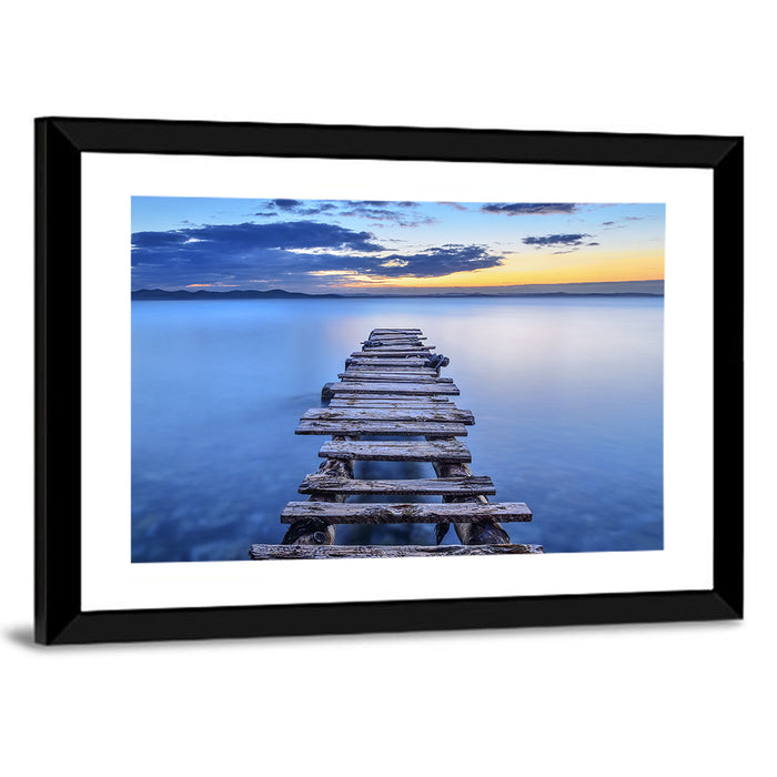 Weathered Lake Pier at Dusk Wall Art as a framed print