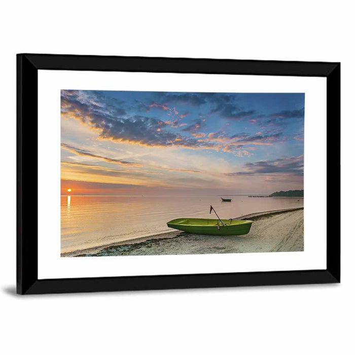 Green Rowboat at Sunrise Wall Art as a framed print