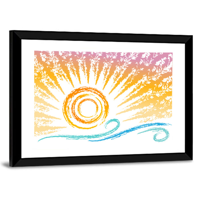 Sun and Waves Illustration Wall Art as a framed print