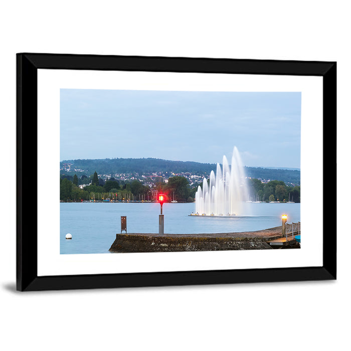 Lake Zurich Fountain at Dusk Wall Art as a framed print