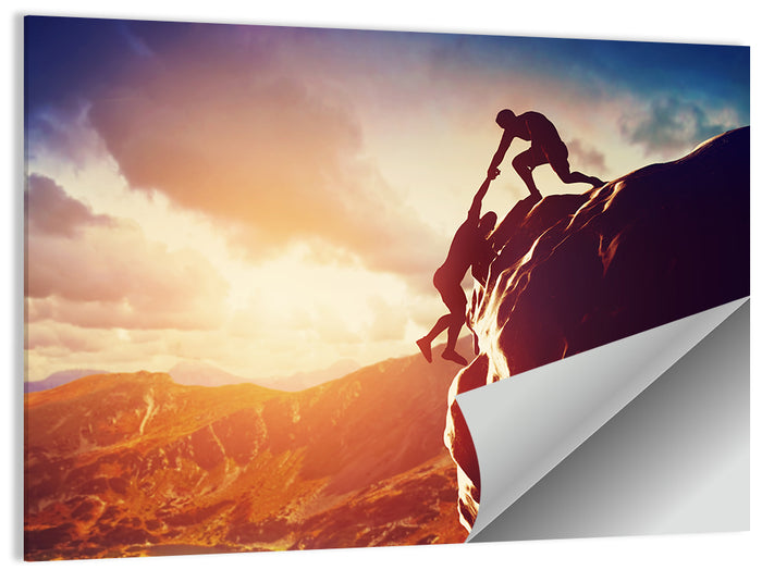 Two Hikers Summit Assist at Sunset Wall Art as a poster print