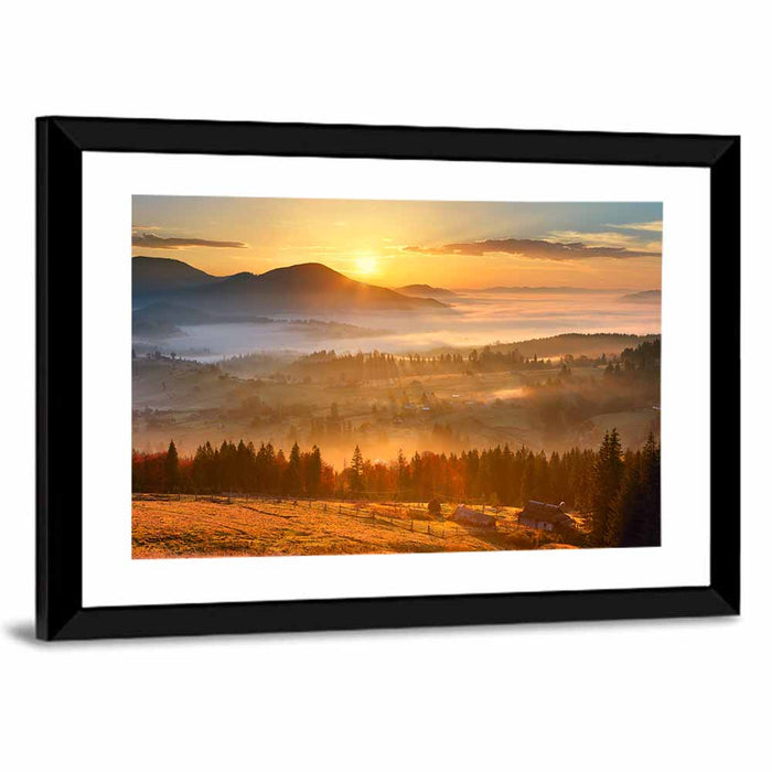 Mountain Village Sunrise Wall Art as a framed print