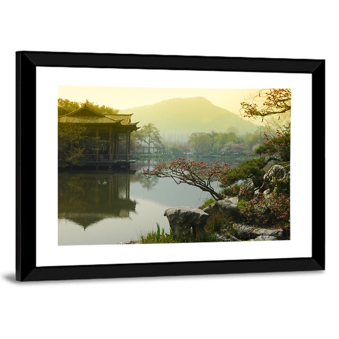 West Lake Morning Pavilion Wall Art as a framed print