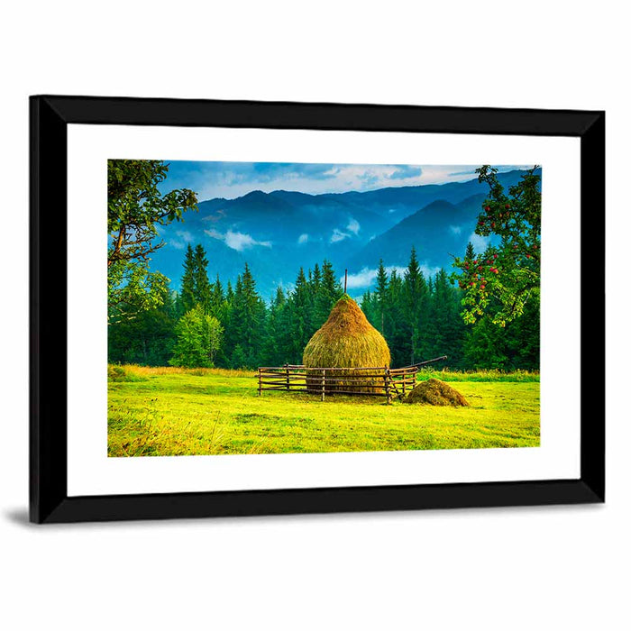 Haystack in Mountain Meadow Wall Art as a framed print