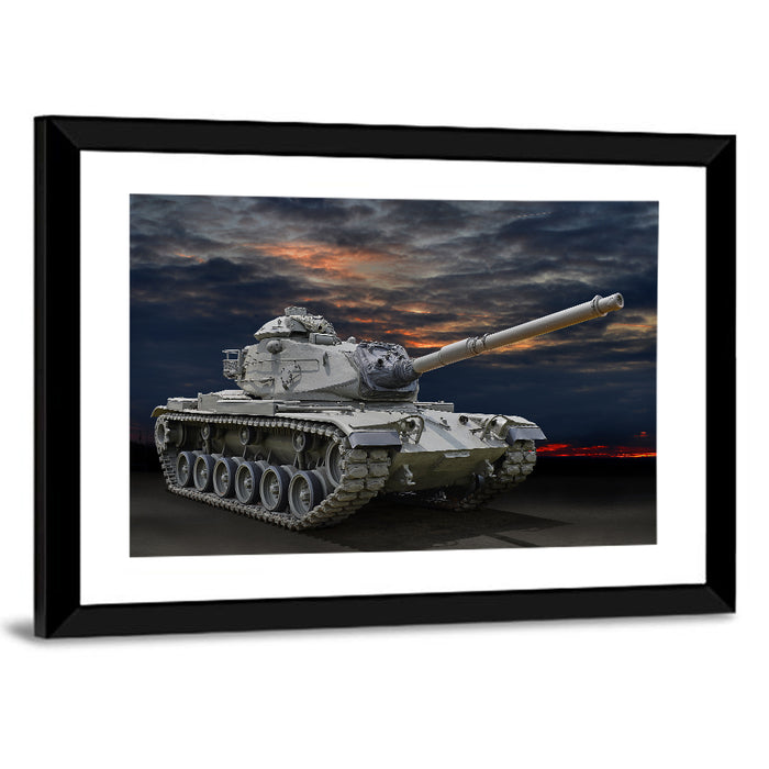 Tracked Tank at Sunset Wall Art as a framed print
