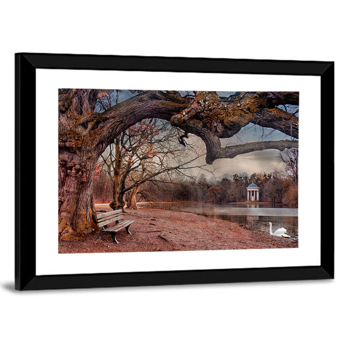 Autumn Pavilion with Swan Wall Art as a framed print