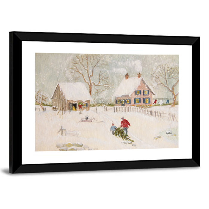 Snowy Farmhouse Illustration Wall Art as a framed print
